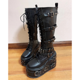 Women's Gothic Buckle Rivet Wedge Boots - Black - Boots - 46 B - PU Leather - image 5