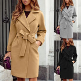 Women's Suit Collar Slim Fit Tie Belt Coat - Khaki - Women's Jacket - XXXL - Polyester - image 18