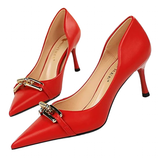 Women's Pointed Toe Metal Buckle Pumps - Red - 7cm Heels - 43 B - PU Leather - image 4