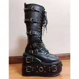 Women's Gothic Buckle Rivet Wedge Boots - Black - Boots - 46 B - PU Leather - image 11