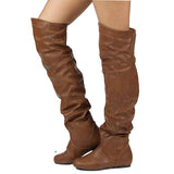 Women's Over Knee Ruched Flat Boots - Brown - Over Knee Boots - 45 B - PU Suede Leather - image 1