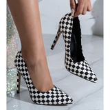 Women's Colored Checkered High Heels - Black/White - 1 / 12cm Heel - 46 B - PU Leather - image 7