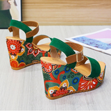Women's Floral Platform Wedge Sandals - Black - Retro Print Wedges - 42 B - PU Leather - image 17