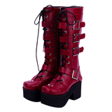 Women's Japanese Gothic Platform Boots - Wine Red - Platform Buckle Boots - 11 B - PU Leather - image 1