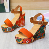 Women's Floral Platform Wedge Sandals - Black - Retro Print Wedges - 42 B - PU Leather - image 13