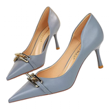 Women's Pointed Toe Metal Buckle Pumps - Blue - 7cm Heels - 43 B - PU Leather - image 10