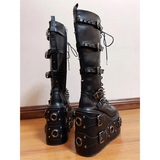Women's Gothic Buckle Rivet Wedge Boots - Black - Boots - 46 B - PU Leather - image 12
