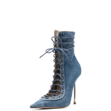 Women's Stylish Lace Up Stiletto Boots - Blue - Denim Long Boots - 45 B - PU Leather - image 13