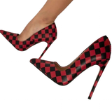 Women's Red Black Checkered Stilettos - Black/Red - 1 / 12cm Heel - 46 B - PU Leather - image 8