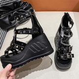 Women's Chain Buckle Platform Sandals - Black - 1 /  Chain / Matte / Sandals - 43 B - PU Leather - image 5