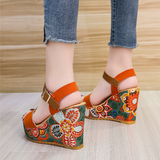 Women's Floral Platform Wedge Sandals - Black - Retro Print Wedges - 42 B - PU Leather - image 21