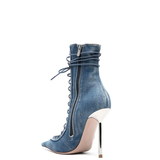 Women's Stylish Lace Up Stiletto Boots - Blue - Denim Long Boots - 45 B - PU Leather - image 10