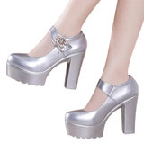 Women's Flower Buckle Mary Janes Heels - Silver - 2 / 11cm Heel - 43 B - PU Leather - image 13