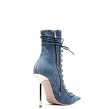 Women's Stylish Lace Up Stiletto Boots - Blue - Denim Long Boots - 45 B - PU Leather - image 12
