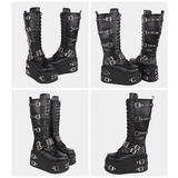 Women's Gothic Buckle Rivet Wedge Boots - Black - Boots - 46 B - PU Leather - image 19