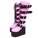 Women's Pink Studded Belt Platform Boots - Dark Pink - Platform Wedges - 46 B - PU Leather - image 3