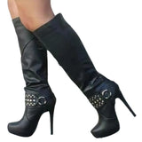 Women's Knee High Chain Stiletto Boots - Black - With Chain - 46 B - PU Leather - image 9