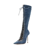 Women's Stylish Lace Up Stiletto Boots - Blue - Denim Long Boots - 45 B - PU Leather - image 7