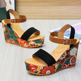 Women's Floral Platform Wedge Sandals - Black - Retro Print Wedges - 42 B - PU Leather - image 14