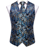 Men's 4 Pcs Luxury Blue Silver Tie Vest Set - Blue - 4pc Tie Set - MJ-0043 - 3XL - Silk - image 5