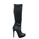 Women's Knee High Chain Stiletto Boots - Black - With Chain - 46 B - PU Leather - image 13