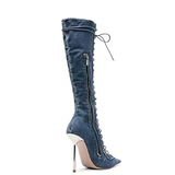 Women's Stylish Lace Up Stiletto Boots - Blue - Denim Long Boots - 45 B - PU Leather - image 6