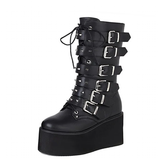 Women's Buckle Strap Wedge Biker Boots - Black - 1 - Matte - Biker Boots - 43 B - PU Leather - image 1