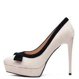 Women's Suede Bow Tie High Heel Stiletto - Beige/Black - 12cm Heel - 41 B - PU Suede Leather - image 3
