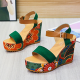 Women's Floral Platform Wedge Sandals - Black - Retro Print Wedges - 42 B - PU Leather - image 19