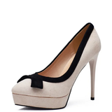 Women's Suede Bow Tie High Heel Stiletto - Beige/Black - 12cm Heel - 41 B - PU Suede Leather - image 1
