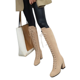 Women's Suede Lace Up Knee High Boots - Apricot - Lace Up Boots - 15 B - PU Suede Leather - image 2