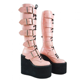Women's Pink Studded Belt Platform Boots - Dark Pink - Platform Wedges - 46 B - PU Leather - image 9