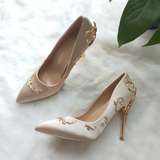 Women's Elegant Silk Formal Prom Stilettos - Gold - Embossed Shoe - 9.5 B - Silk/PU Leather - image 21