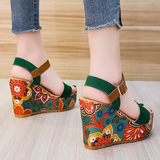 Women's Floral Platform Wedge Sandals - Black - Retro Print Wedges - 42 B - PU Leather - image 22