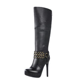 Women's Knee High Chain Stiletto Boots - Black - With Rivets Only - 46 B - PU Leather - image 16