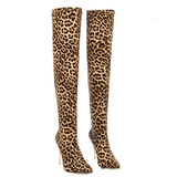 Women's Cloth Leopard Print Stiletto Boots - Khaki - Leopard Print Stretch - 45 B - Plush Stretch Material - image 3
