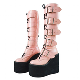 Women's Pink Studded Belt Platform Boots - Pink - Platform Wedges - 46 B - PU Leather - image 7