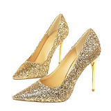 Women's High Heel Glitter Prom Pumps - Gold - 9.5cm / Glitter Shoe - 43 B - PU Leather - image 1