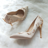 Women's Elegant Silk Formal Prom Stilettos - Gold - Embossed Shoe - 9.5 B - Silk/PU Leather - image 23