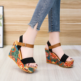 Women's Floral Platform Wedge Sandals - Black - Retro Print Wedges - 42 B - PU Leather - image 15