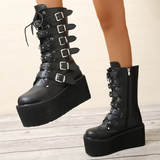 Women's Buckle Strap Wedge Biker Boots - Black - 1 - Matte - Biker Boots - 43 B - PU Leather - image 4