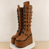 Women's Brown Buckle Strap Platform Boots - Brown - Buckle Boots - 46 B - PU Leather - image 4