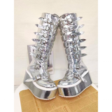 Women's Silver Buckle Strap Platform Boots - Silver - Buckle Boots - 46 B - PU Leather - image 11