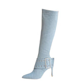Women's High Denim Buckle Stiletto Boots - Light Blue - High Heel Boots - 43 B - PU Leather - image 15