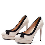Women's Suede Bow Tie High Heel Stiletto - Beige/Black - 12cm Heel - 41 B - PU Suede Leather - image 2