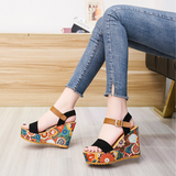 Women's Floral Platform Wedge Sandals - Black - Retro Print Wedges - 42 B - PU Leather - image 16