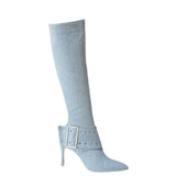 Women's High Denim Buckle Stiletto Boots - Light Blue - High Heel Boots - 43 B - PU Leather - image 11