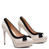 Women's Suede Bow Tie High Heel Stiletto - Beige/Black - 12cm Heel - 41 B - PU Suede Leather - image 4