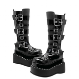Women's Gothic Buckle Strap Leather Boots - Black -  1 / Boots - 40 B - PU Patent Leather - image 1