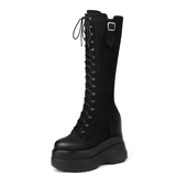 Women's Leather Platform Lace Up Wedges - Black  - Suede - Wedge Boots - 3 B - Genuine Leather - image 2